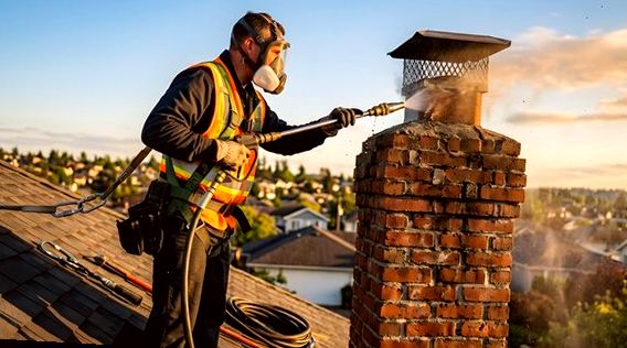 Tech rinsing and checking a chimney cap during water entry work
