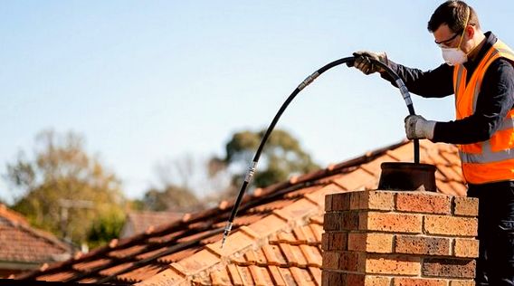 Two techs feeding rods during a flue evaluation in Edison