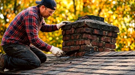 Mason relaying brick courses on an Edison chimney stack